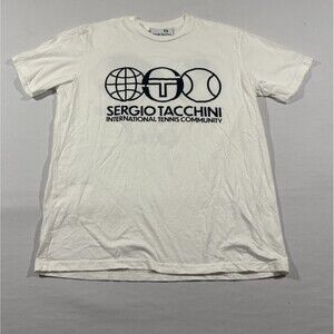 Sergio Tacchini Shirt Mens Tennis White Crew Graphic Print Tee Cotton Sz S USA